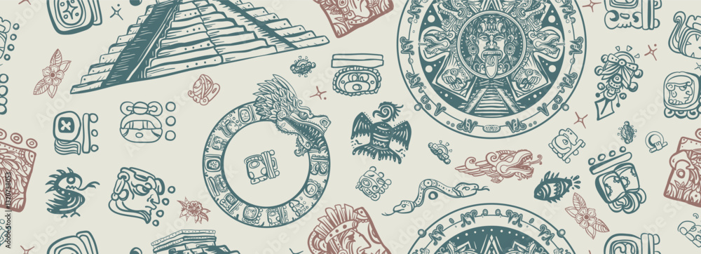Obraz premium Mayan pattern. Ancient mexican civilization, pyramids. Golden glyphs. Aztec Mayan calendar, inca background