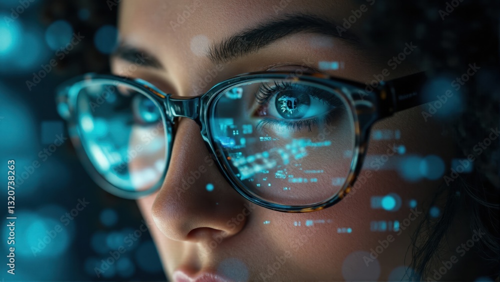 Close-up of a Person's Face with Eyeglasses Reflecting Digital Data Close-up of a Person's Face with Eyeglasses Reflecting Digital Data