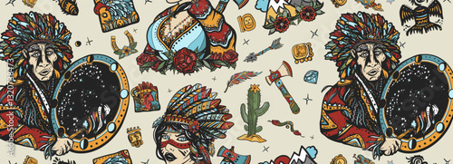Native American Indian old school tattoo style. Tribal culture and history. Seamless pattern Ethnic warrior girl and old shaman