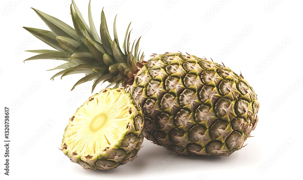 Fresh pineapple with a slice revealed, showcasing its juicy interior and textured exterior. Fresh pineapple with a slice revealed, showcasing its juicy interior and textured exterior.