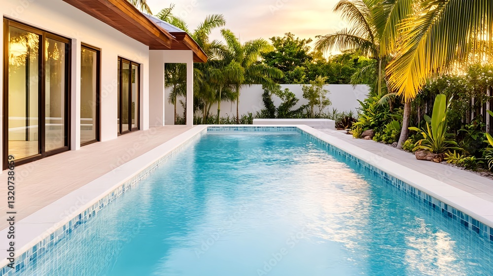 Fototapeta premium Tropical Poolside Villa Sunset Luxury - Luxury Travel and Escapes