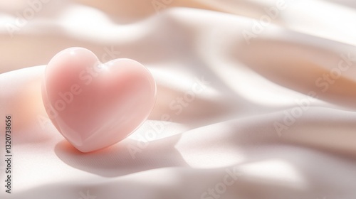Pale pink heart resting on soft, flowing fabric, bathed in sunlight