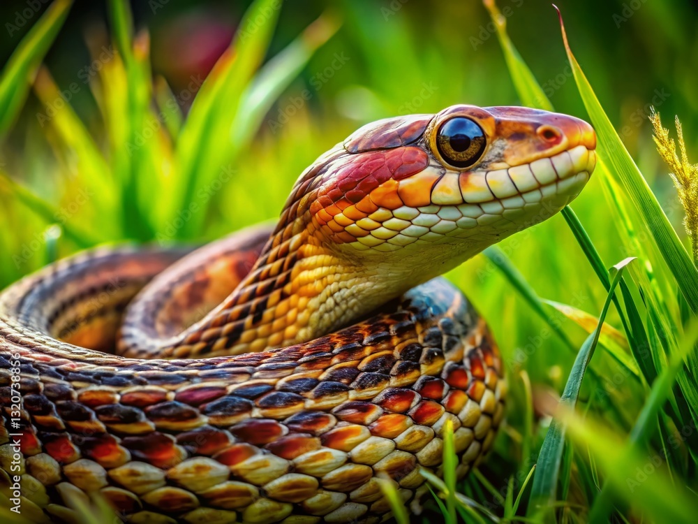 Big Blotched Snake (Elaphe sauromates) Defensive Posture in Grass - Long Exposure Photography