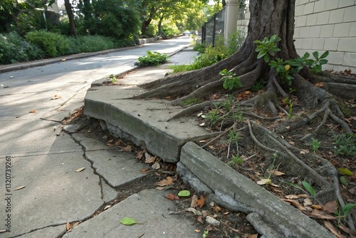 Tree root lift cracked sidewalk concrete. Urban infrastructure damage