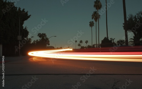 Curving Night Road with Warm Light Trails and Palm Trees