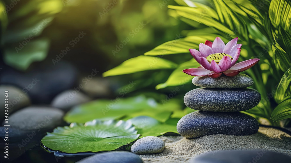Fototapeta premium Zen garden featuring balanced stone stack, delicate pink lotus, verdant foliage representing peaceful meditation and spiritual harmony