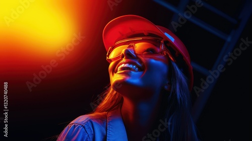Vibrant Portrait of Smiling Woman in Safety Gear with Bright Glow