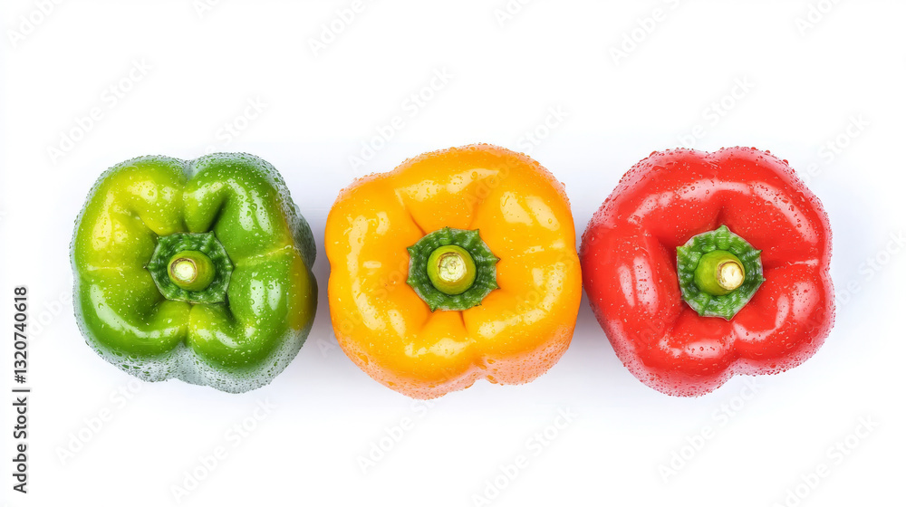 Three wet bell peppers, green, yellow and red, forming a colorful line on a white background, creating a vibrant and appealing image Three wet bell peppers, green, yellow and red, forming a colorful line on a white background, creating a vibrant and appealing image