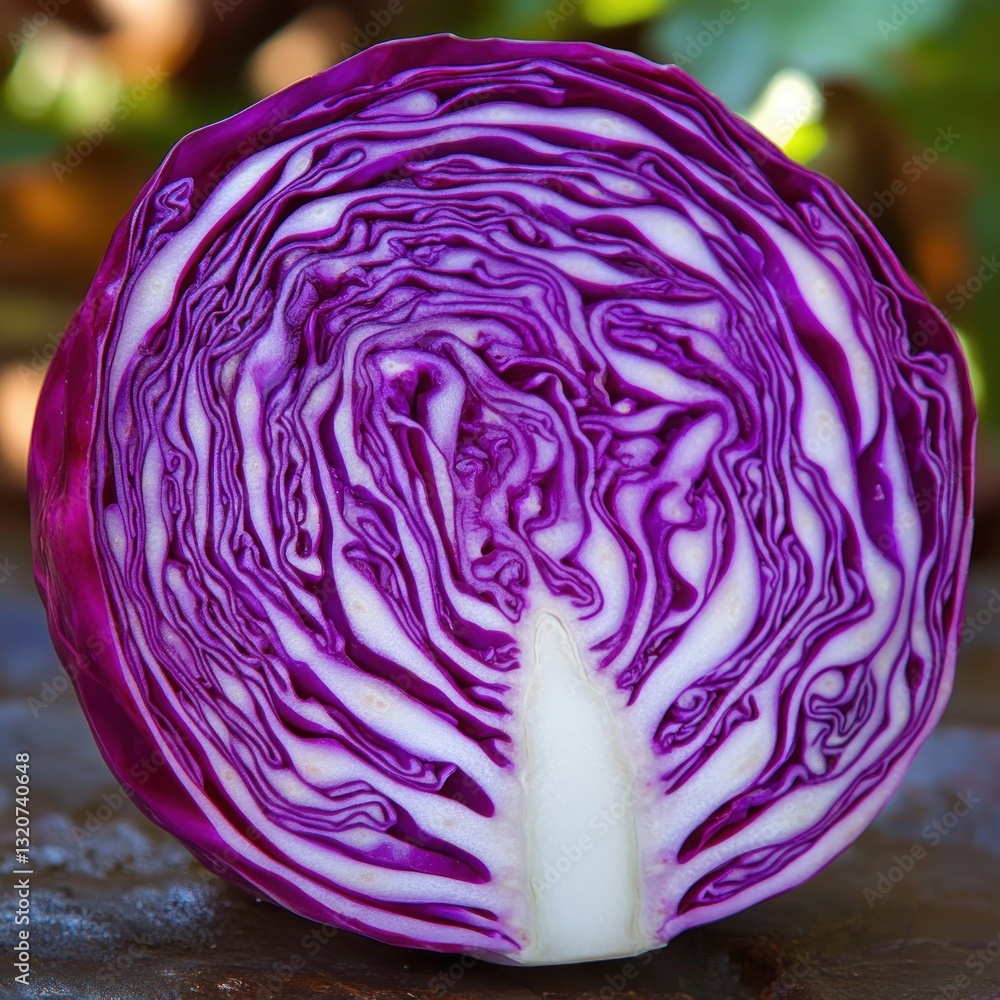 Obraz premium Vibrant purple cabbage cut in half revealing intricate layers of violet and white organic pattern fresh