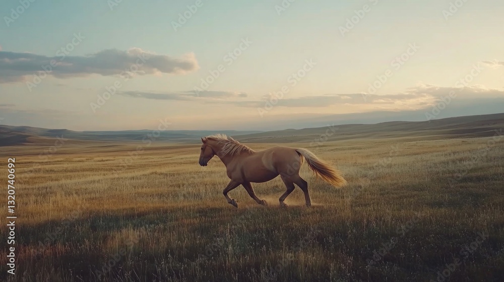 A palomino horse gallops across a vast, golden field at sunset A palomino horse gallops across a vast, golden field at sunset