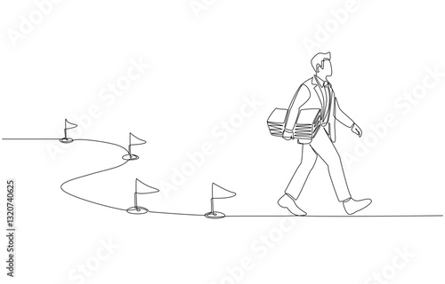Continuous one line drawing of businessman holding money walking on investment path, investment milestones, business journey concept, single line art