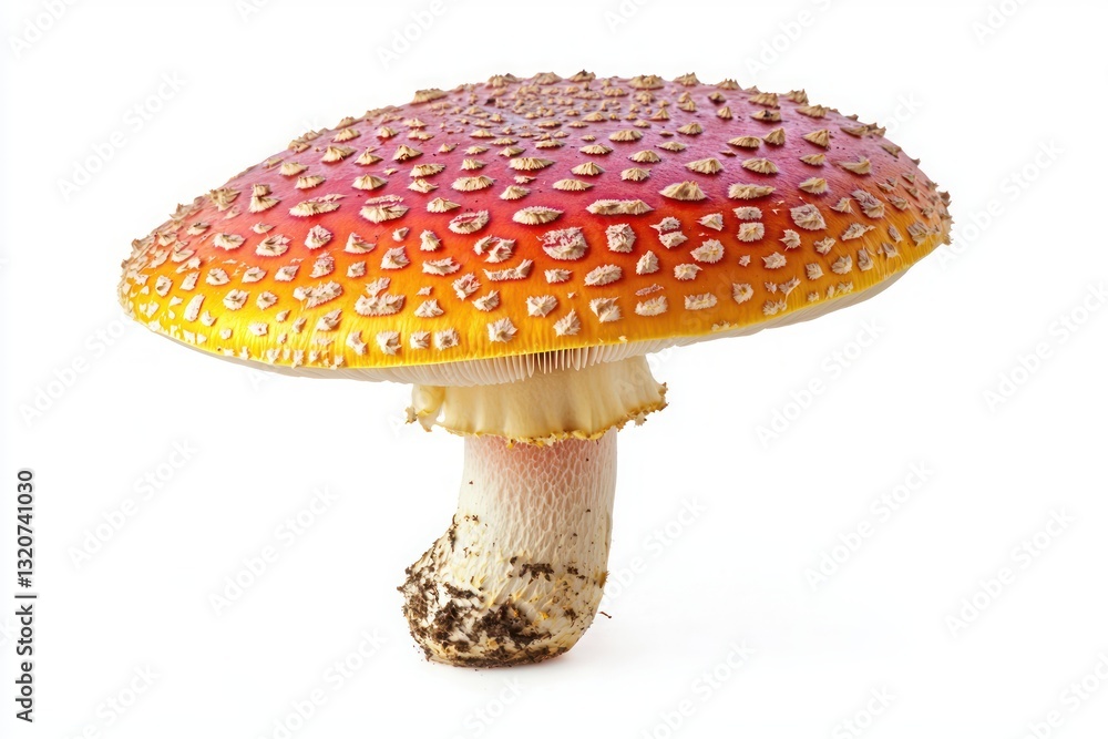 Close up of iconic fly agaric mushroom against a white background captures the natural detail and vivid colors Close up of iconic fly agaric mushroom against a white background captures the natural detail and vivid colors