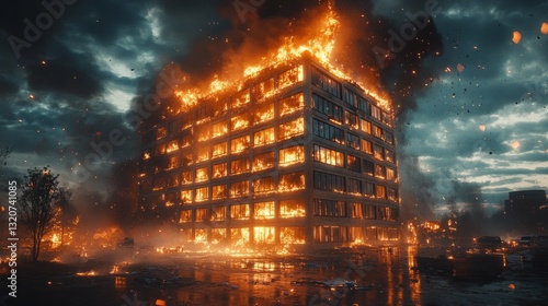 A multi-story office building burning during a windy night, sparks flying everywhere 