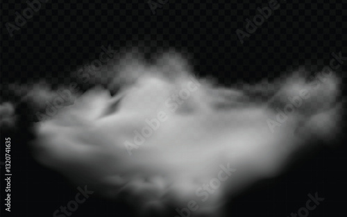 White cloud vector, realistic smoke or fog effect.  Misty, atmospheric design.  Transparent background overlay.  Soft, fluffy texture.  Perfect for special effects, weather graphics, and ethereal visu
