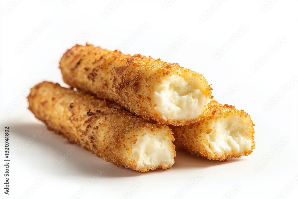 Three tempting mozzarella sticks with golden crispy breading on white surface savory snack perfect studio shot Three tempting mozzarella sticks with golden crispy breading on white surface savory snack perfect studio shot