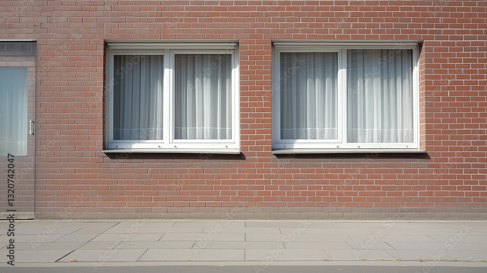 Bright sunlight streaming through white curtained windows set in weathered red brick exterior along urban sidewalk Bright sunlight streaming through white curtained windows set in weathered red brick exterior along urban sidewalk