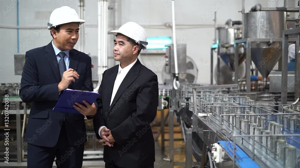 A canned food businessman or supervisor is inspecting the quality of a canned fish factory and check industrial machinery in factories, businessmen, factories, exporters, food processing, canned food A canned food businessman or supervisor is inspecting the quality of a canned fish factory and check industrial machinery in factories, businessmen, factories, exporters, food processing, canned food