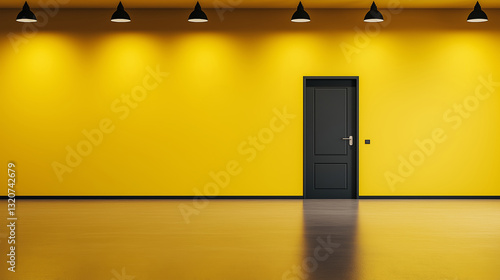 Minimalist and modern interior design featuring a vibrant yellow wall, a contrasting black door, and subtle ceiling lights creating a warm ambiance