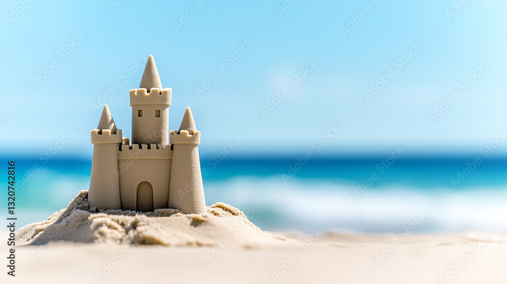 Sandcastle on beach with ocean waves in background Sandcastle on beach with ocean waves in background