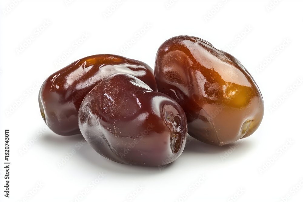 Elegant Shot of Delicious Fresh Brown Dates with Glossy Surfaces Against a Pure White Backdrop Elegant Shot of Delicious Fresh Brown Dates with Glossy Surfaces Against a Pure White Backdrop