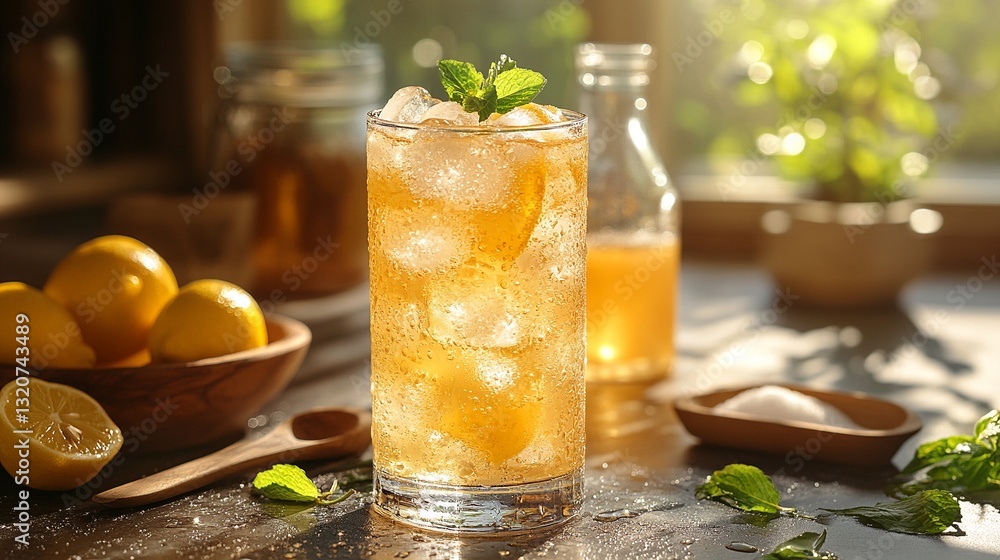 Fototapeta premium Refreshing iced lemonade with mint, capturing the essence of summer in a glass. Quench your thirst with this sunny beverage