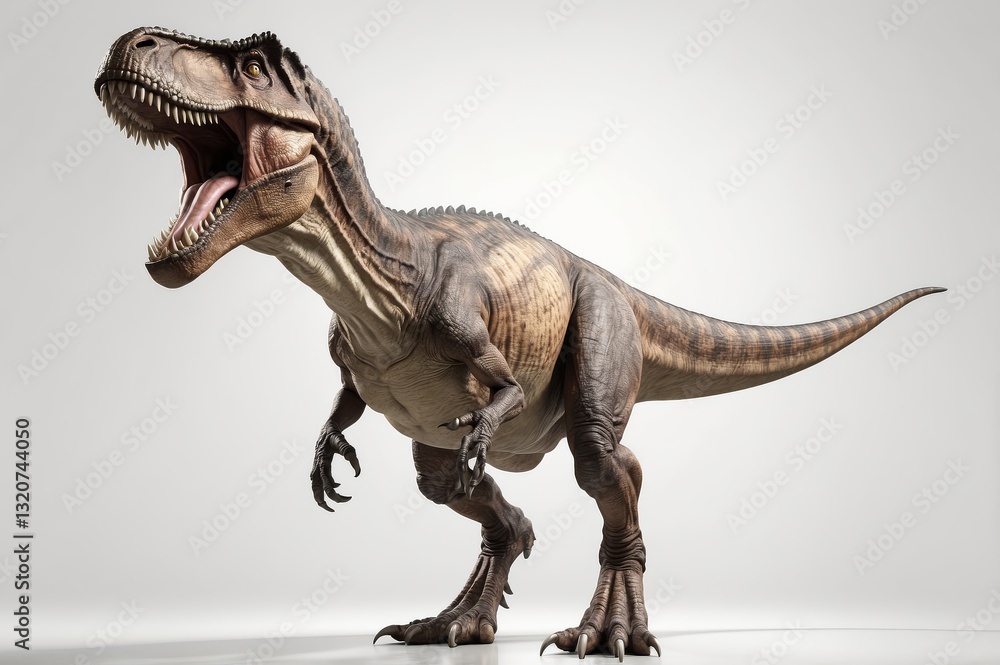 Fototapeta premium A roaring, digitally rendered Tyrannosaurus Rex dinosaur against a white background.