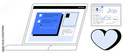 Laptop displaying digital tasks alongside analytics, statistics screen, and heart symbol. Ideal for data visualization, productivity, health tracking, innovation, analytics, hybrid work flat simple