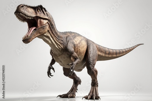 A roaring, digitally rendered Tyrannosaurus Rex dinosaur against a white background.