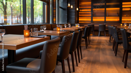 Wallpaper Mural Warm candlelight illuminating wooden tables and leather chairs in an empty stylish restaurant, creating a cozy and inviting atmosphere Torontodigital.ca