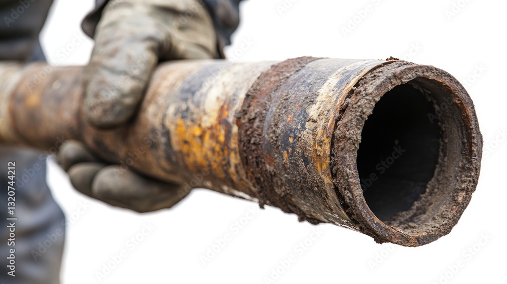Rusted, heavily corroded pipe held by gloved hands Rusted, heavily corroded pipe held by gloved hands