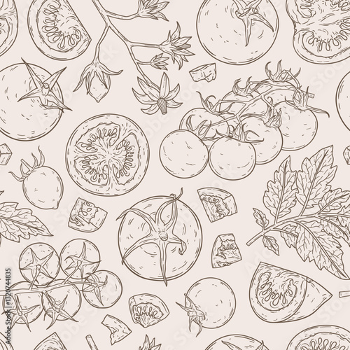 Linear seamless pattern with tomatoes, slices, half, flower, branch with leaves and cherry tomatoes. Organic vegetable concept. Natural hand drawn background for print, wrapping paper, fabric, banner