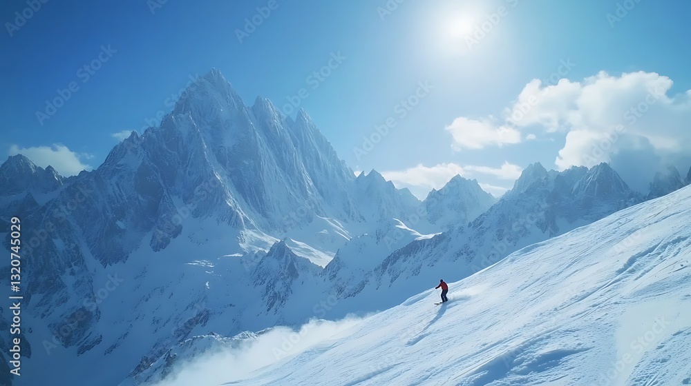 Skier Descending Snowy Mountain Range Under Bright Sun Skier Descending Snowy Mountain Range Under Bright Sun