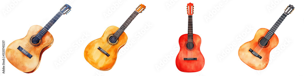 Fototapeta premium Collection of Acoustic Guitars in Different Shapes Sizes and Color Variations Representing Musical Creativity and Performance