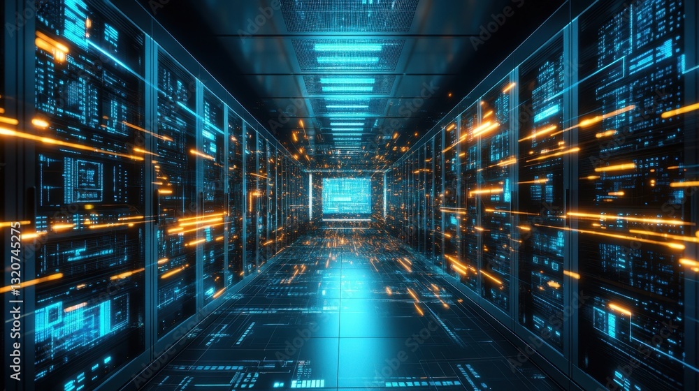 Fototapeta premium A high-tech server room with data flowing as glowing lines representing artificial intelligence processing