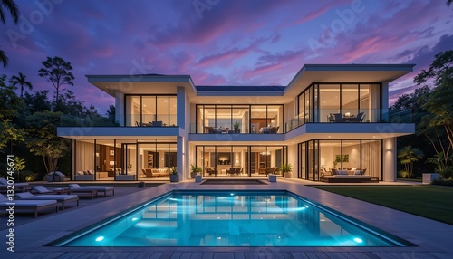 Modern luxury home featuring a swimming pool under a colorful sky, epitomizing upscale residential living at dusk.