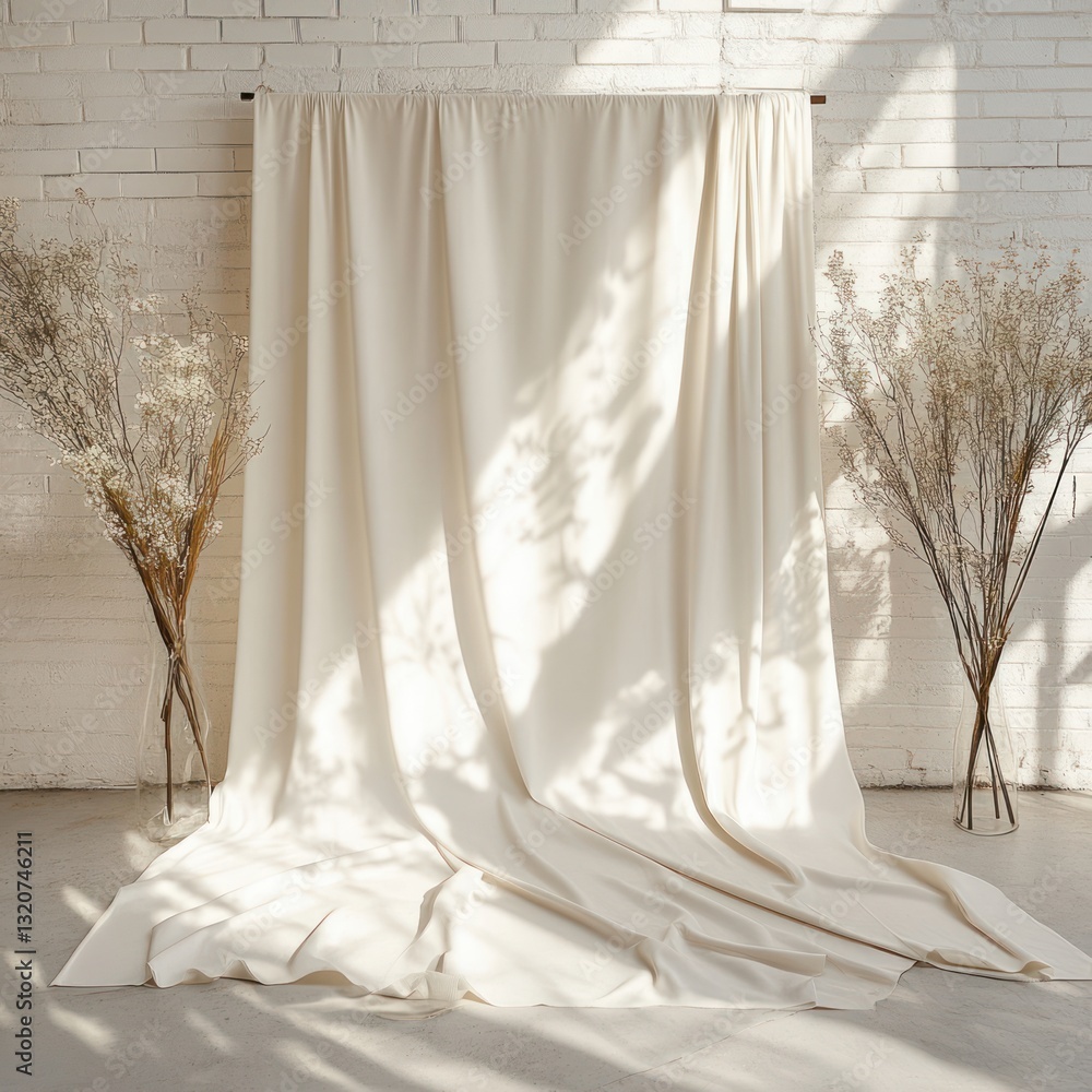 Serene studio background featuring a draped ivory cloth and delicate dried flower arrangements capturing a minimalist atmosphere in warm sunlight