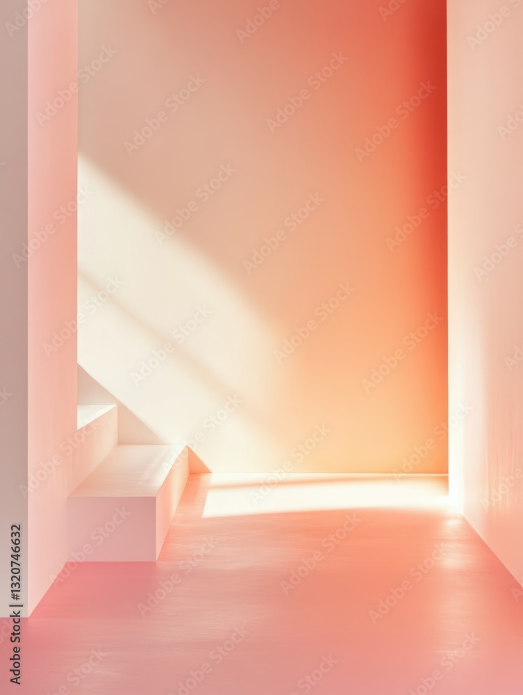 Obraz premium Peach Pastel Hallway with Gentle Sunlight Cascading Across Minimalist Steps and Walls Creating an Abstract Serene and Warm Ambiance