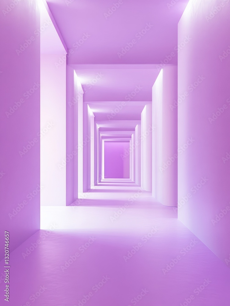 Ethereal lavender hallway receding into the distance smooth walls bathed in soft light architectural shot perspective view clean and modern concept Ethereal lavender hallway receding into the distance smooth walls bathed in soft light architectural shot perspective view clean and modern concept