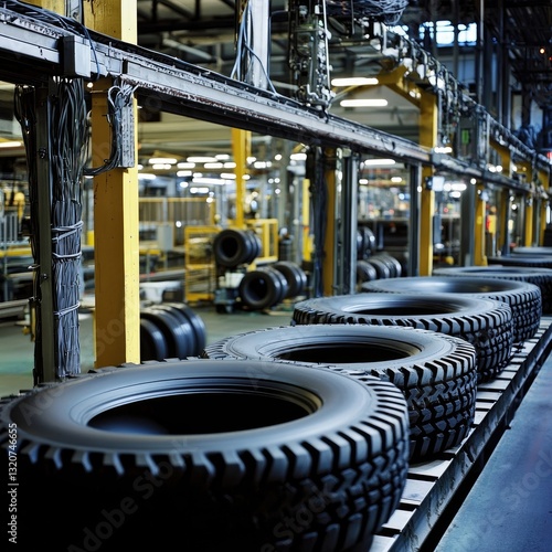 Wallpaper Mural Tire manufacturing facility with conveyor belts transporting newly produced tires. Large-scale automotive production line. Generative AI. Torontodigital.ca