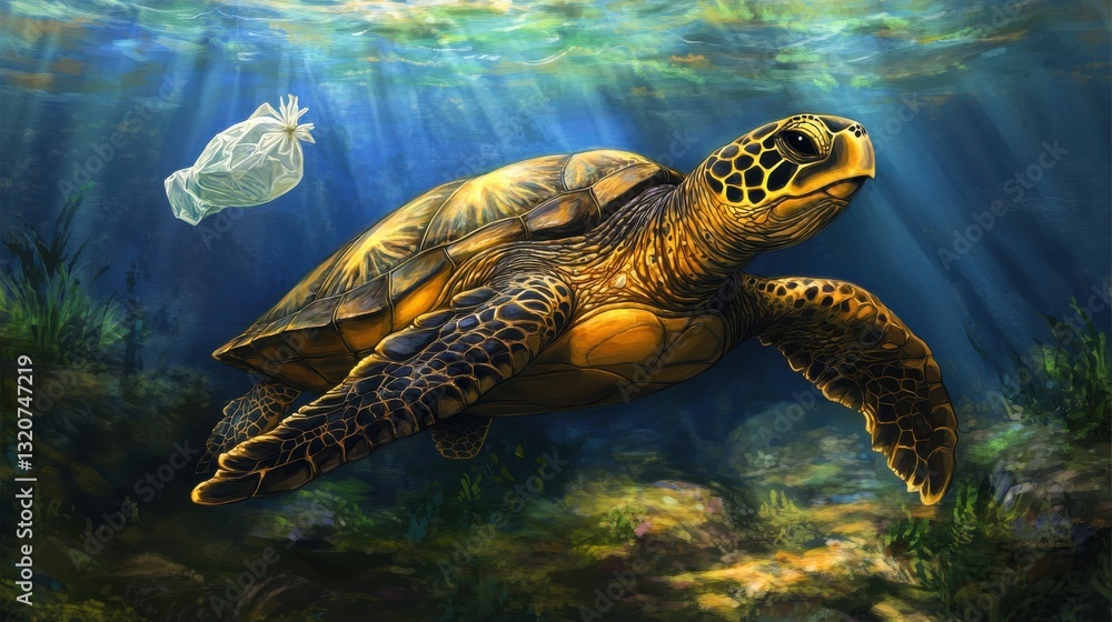 Fototapeta premium Sea Turtle Swimming Underwater Surrounded by Beautiful Coral Reef and Plastic Waste in Ocean Environment