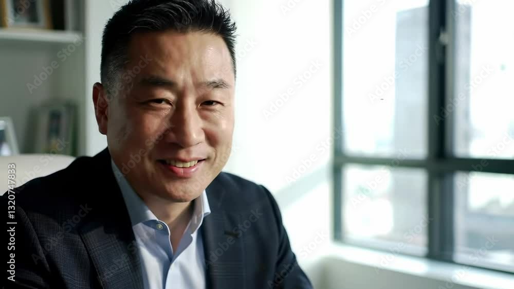 Middle-Aged Asian Businessman Smiling in Modern Office Setting, Exuding Confidence and Professionalism while Engaging in Work Activities Middle-Aged Asian Businessman Smiling in Modern Office Setting, Exuding Confidence and Professionalism while Engaging in Work Activities
