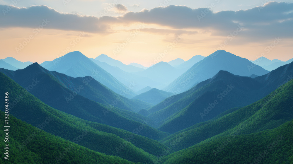 Fototapeta premium Majestic mountain landscape at twilight shows layers of peaks and lush greenery under a soft blue sky with hints of sunset