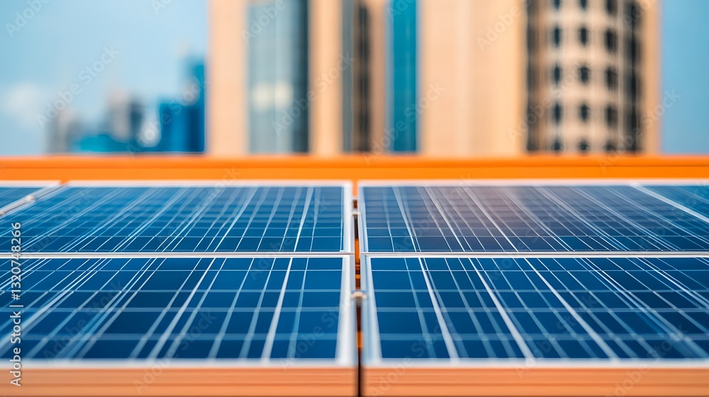 Fototapeta premium Solar Panels Rooftop Cityscape Energy - Sustainability & Green Energy