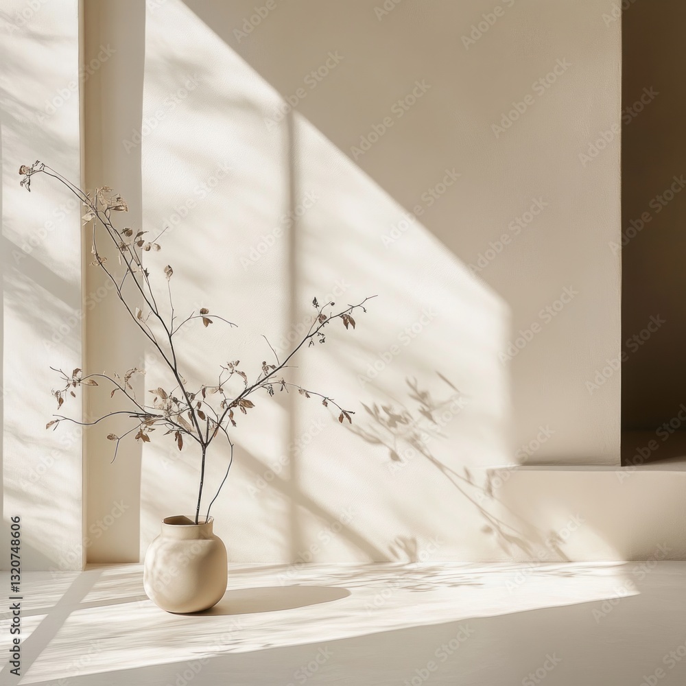 Minimalist indoor scene featuring a vase with a plant and striking light and shadow play on cream walls and floor Minimalist indoor scene featuring a vase with a plant and striking light and shadow play on cream walls and floor