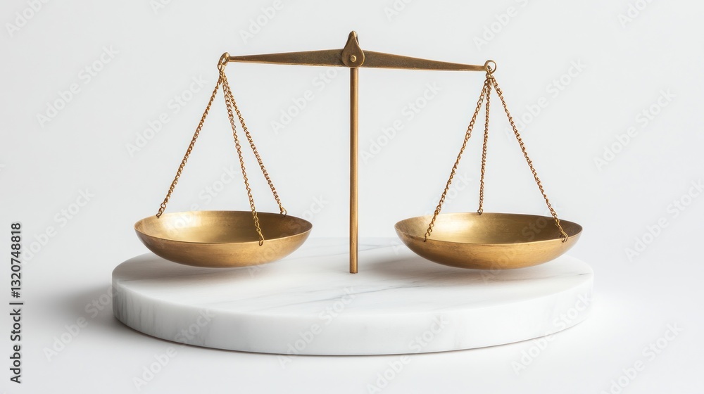 Elegant gold scales on marble base, symbolizing balance and justice Elegant gold scales on marble base, symbolizing balance and justice