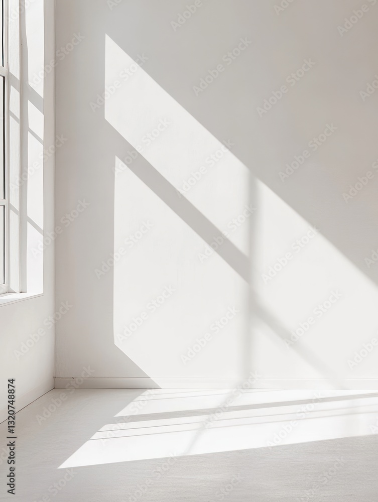 Fototapeta premium Minimalist interior design showcasing natural light patterns casting sharp shadows across white walls creating airy atmosphere