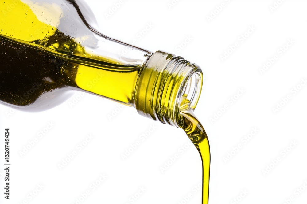 Fototapeta premium Golden olive oil pouring from clear glass bottle capturing its flow texture and organic nature against white blackground