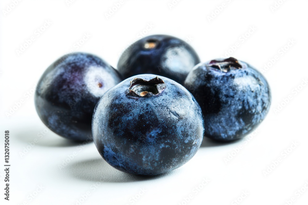 Four fresh blueberries on a white surface displaying antioxidant benefits a macro view for organic goodness Four fresh blueberries on a white surface displaying antioxidant benefits a macro view for organic goodness