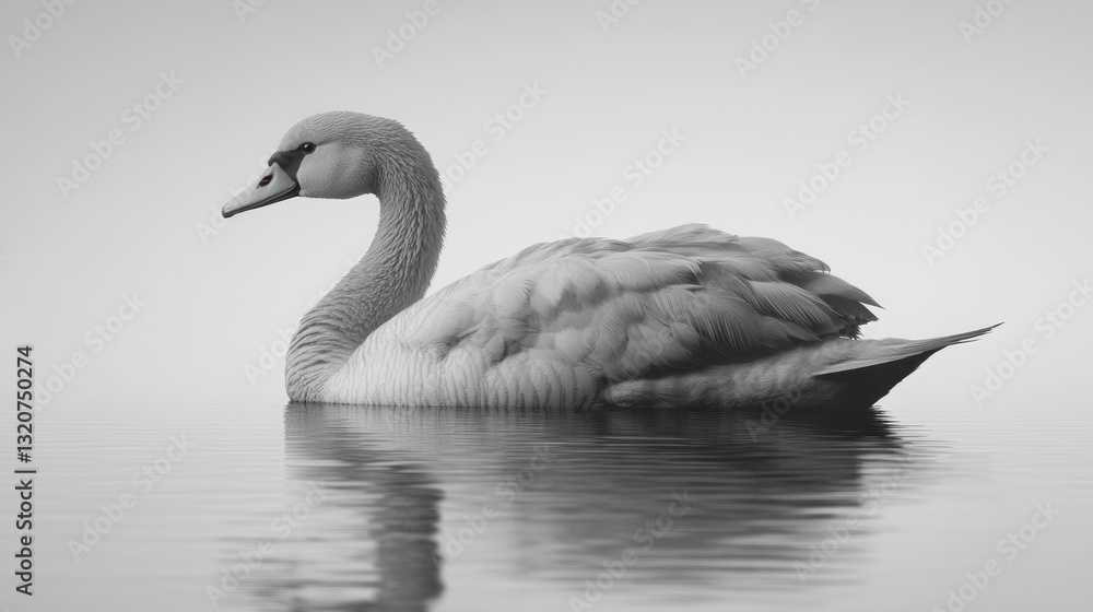 Fototapeta premium Elegant swan gracefully gliding on calm water, reflected in monochrome