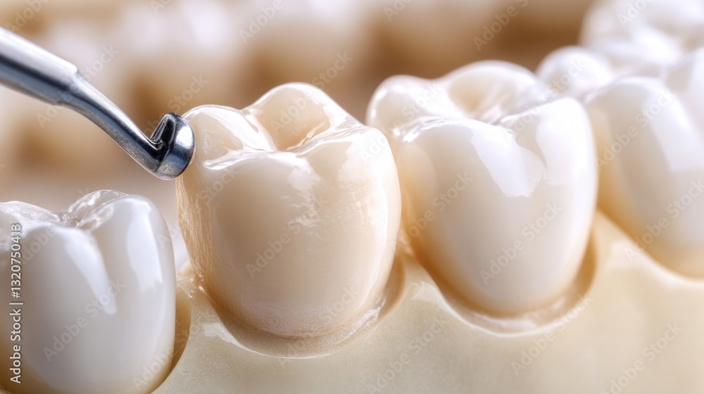Close-up of dental instrument inspecting a pristine, newly placed dental crown on a model Close-up of dental instrument inspecting a pristine, newly placed dental crown on a model